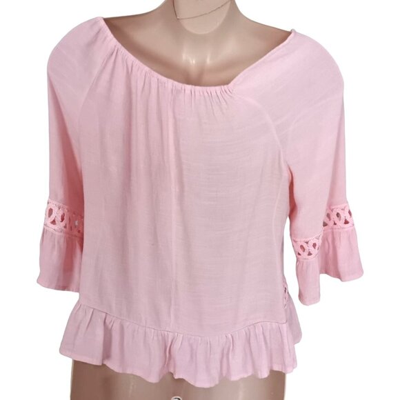 Unique Spectrum Womens Pink XL Peasant Top Crochet Details 3/4 Sleeves - Picture 4 of 7